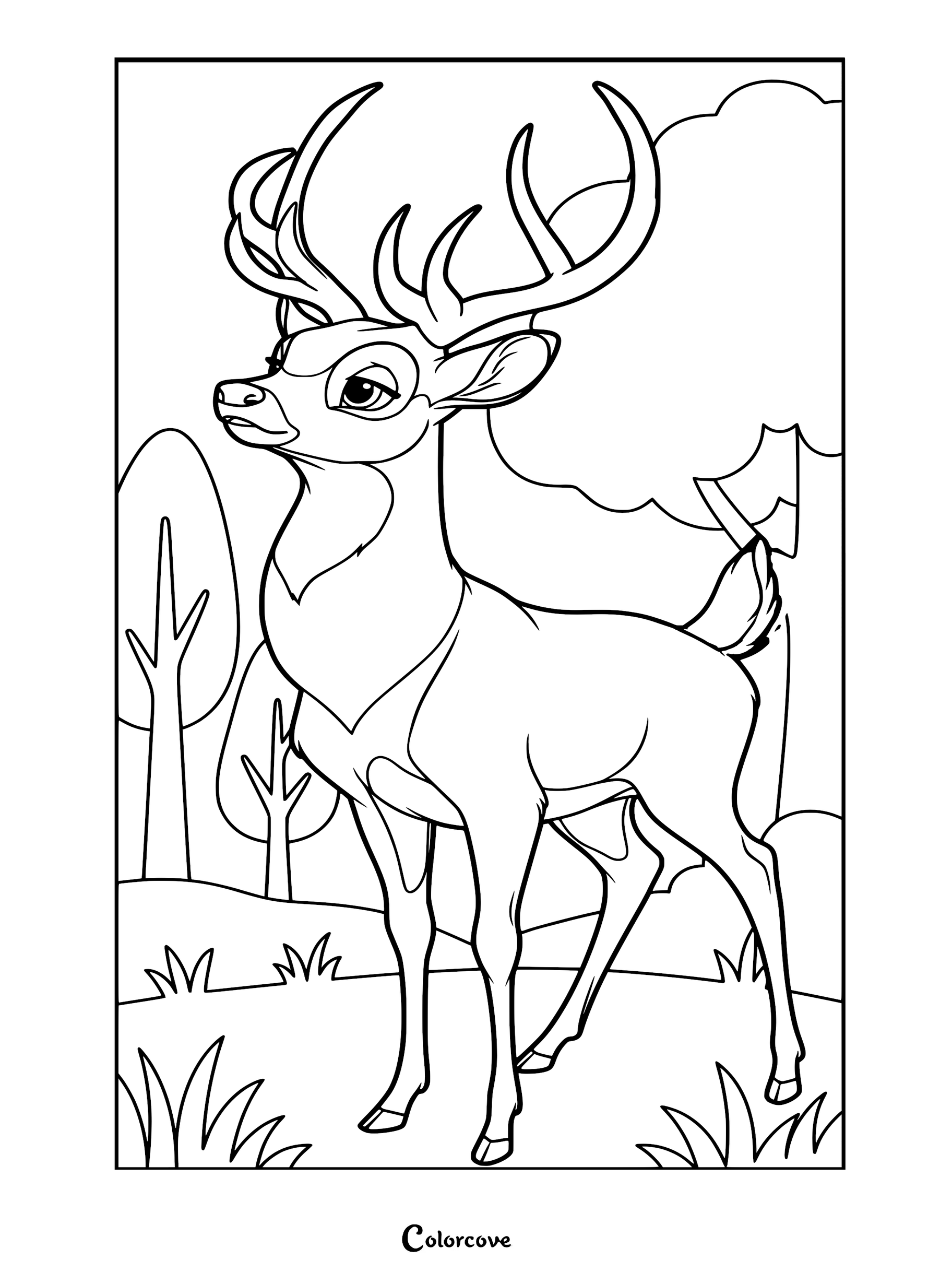 Bambi as a full grown stag with large antlers standing in a forest, printable coloring page.
