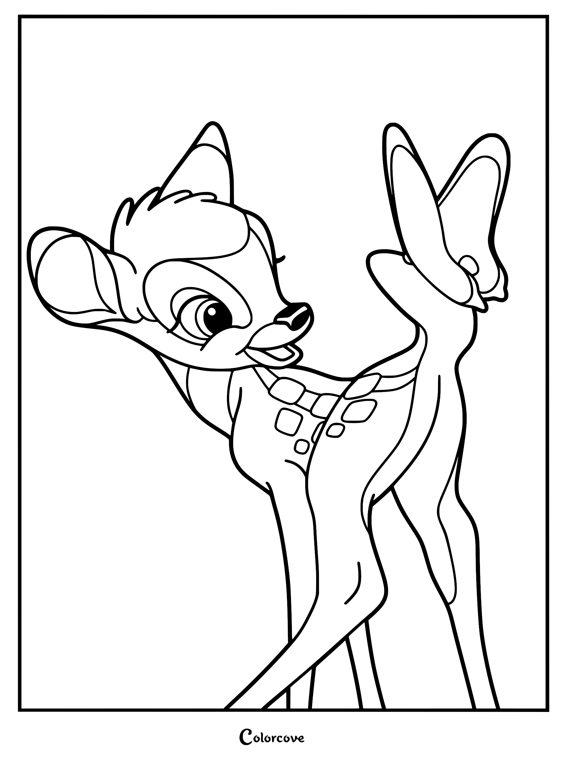 Bambi looking back at a butterfly landing on his tail in this printable coloring page.