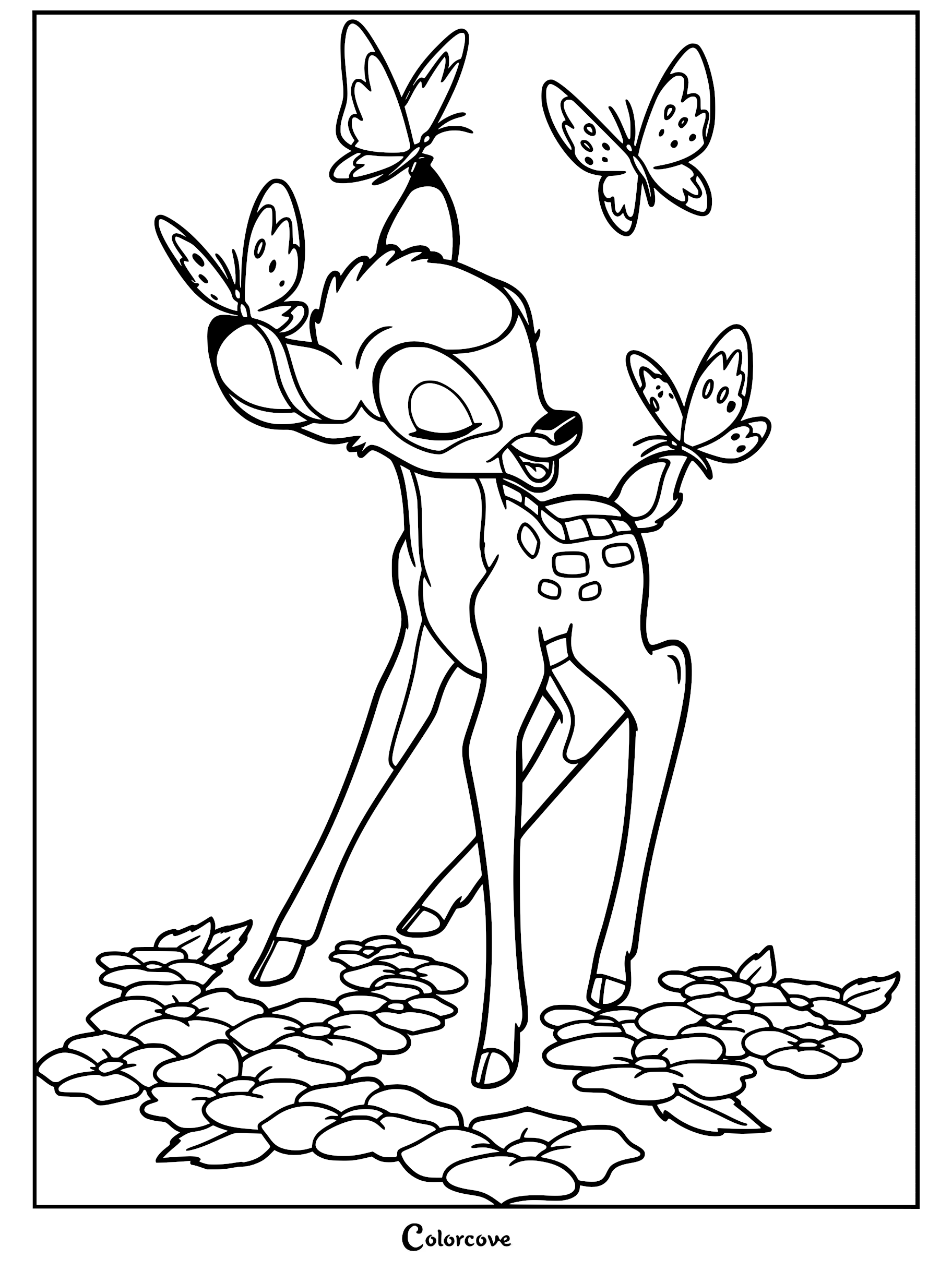 Bambi standing in a field of flowers with butterflies landing on his head and tail in this printable coloring page.