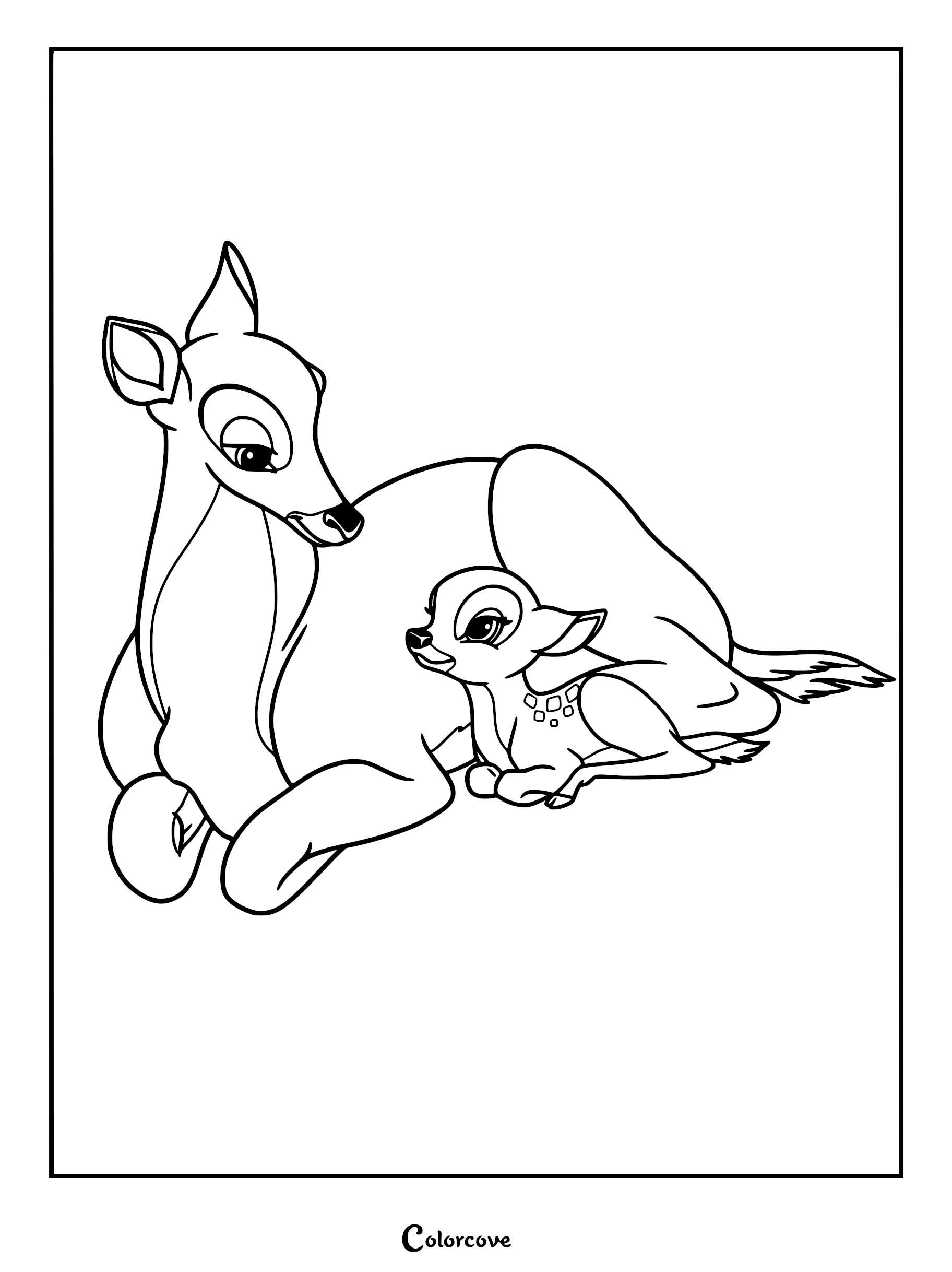 Faline lying down next to her mother in this printable coloring page featuring the two deer resting together.
