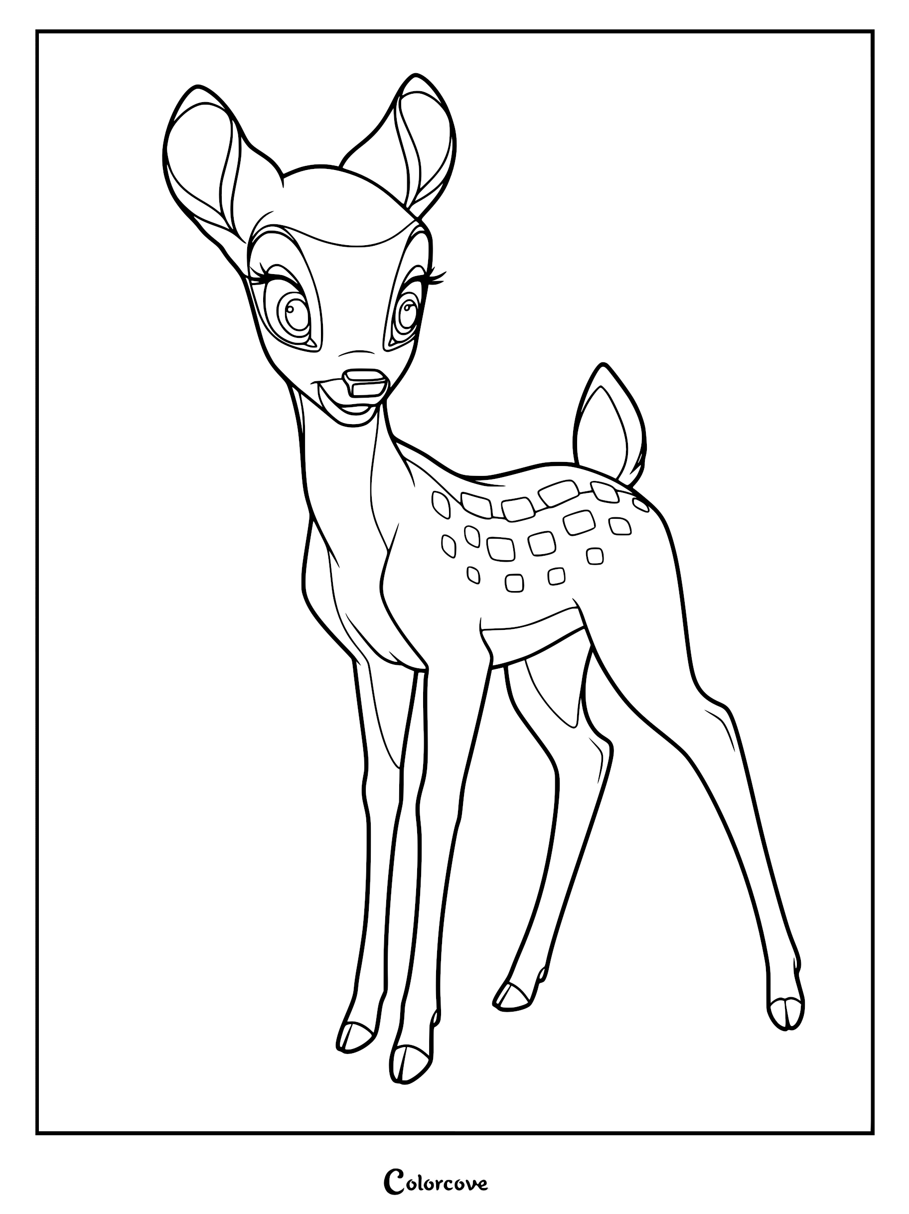 Faline from Bambi standing and looking forward in a detailed line art coloring page.