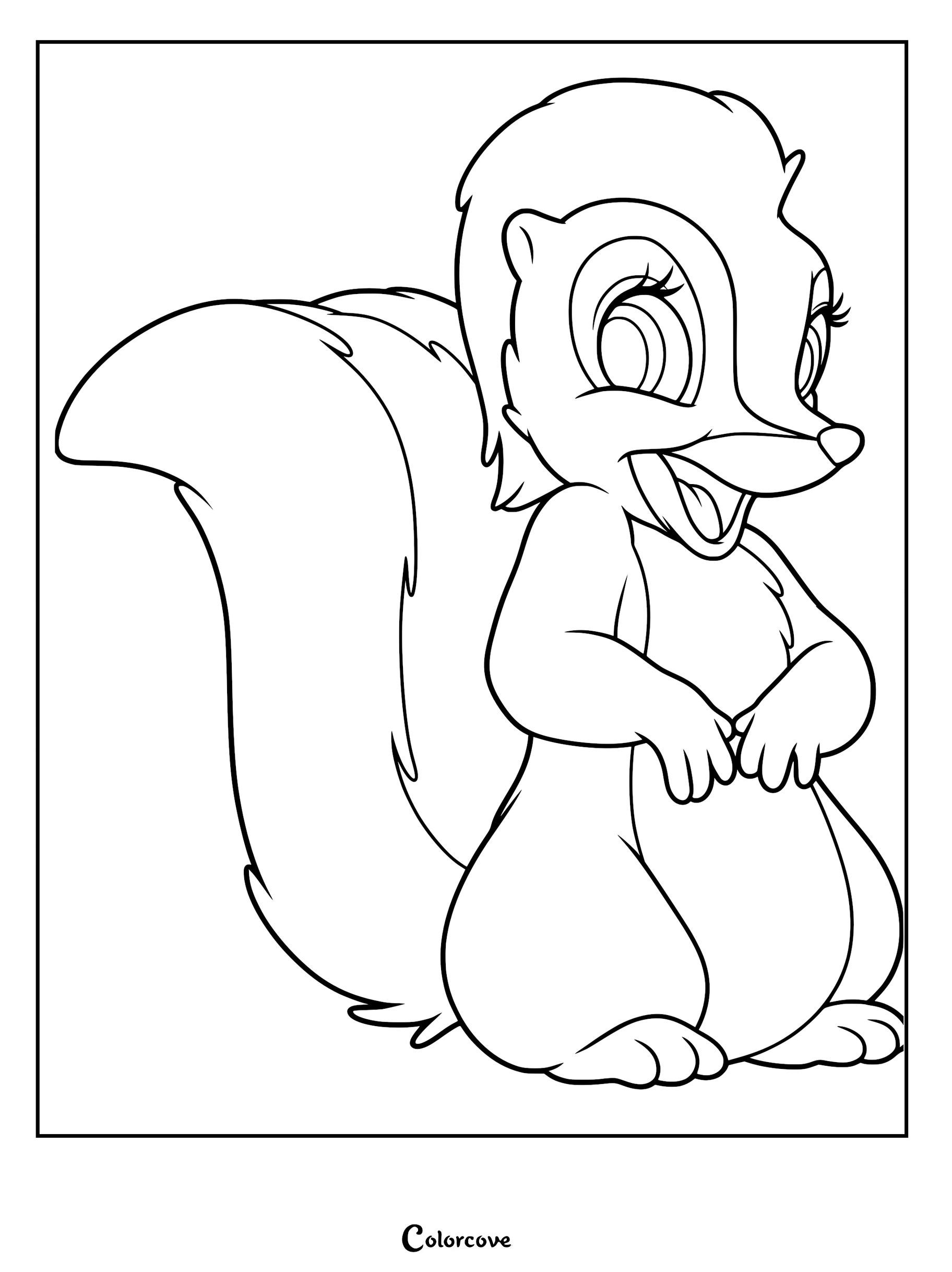 A detailed coloring page of Flower the skunk from Bambi standing and smiling with a bushy tail.