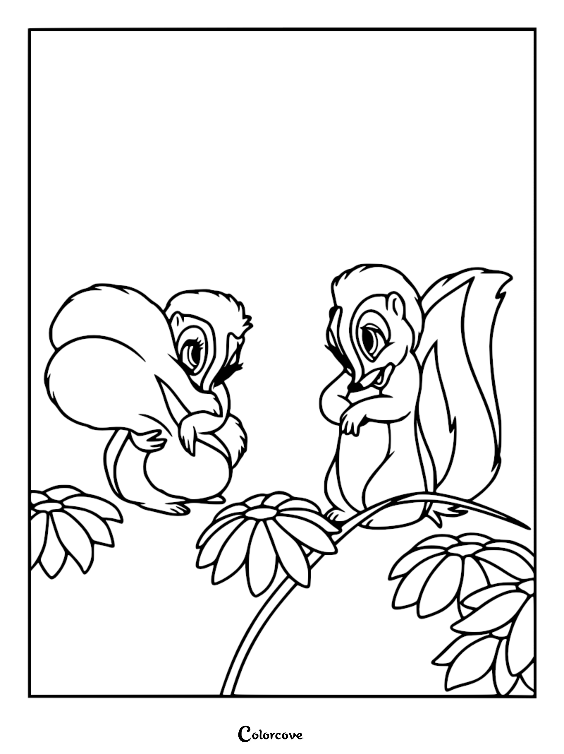 Flower and Petunia standing together among flowers in this printable coloring page.
