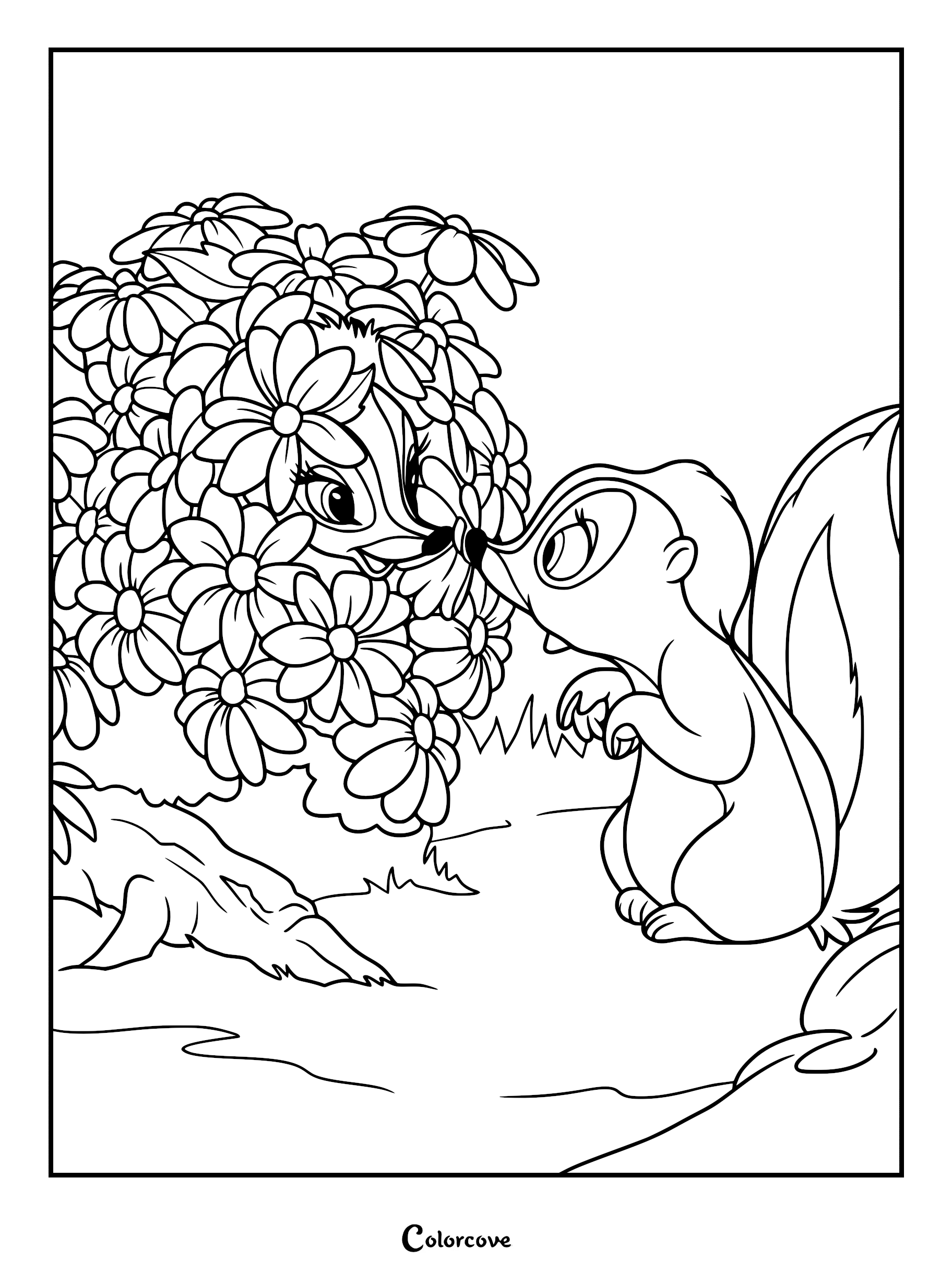 Flower and Petunia touching noses in a field of flowers on a printable coloring page.