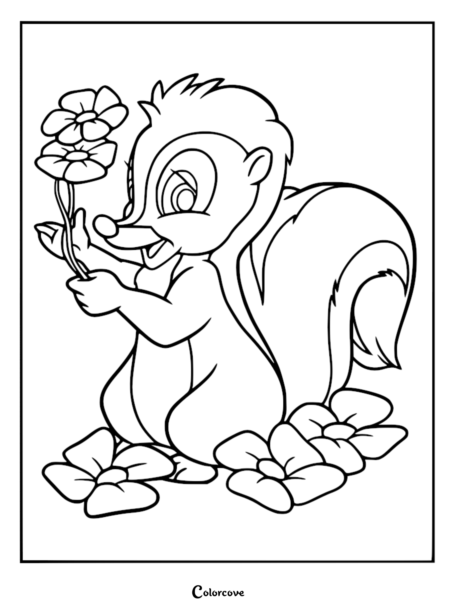 Flower the skunk holding a small bouquet of flowers in this printable coloring page