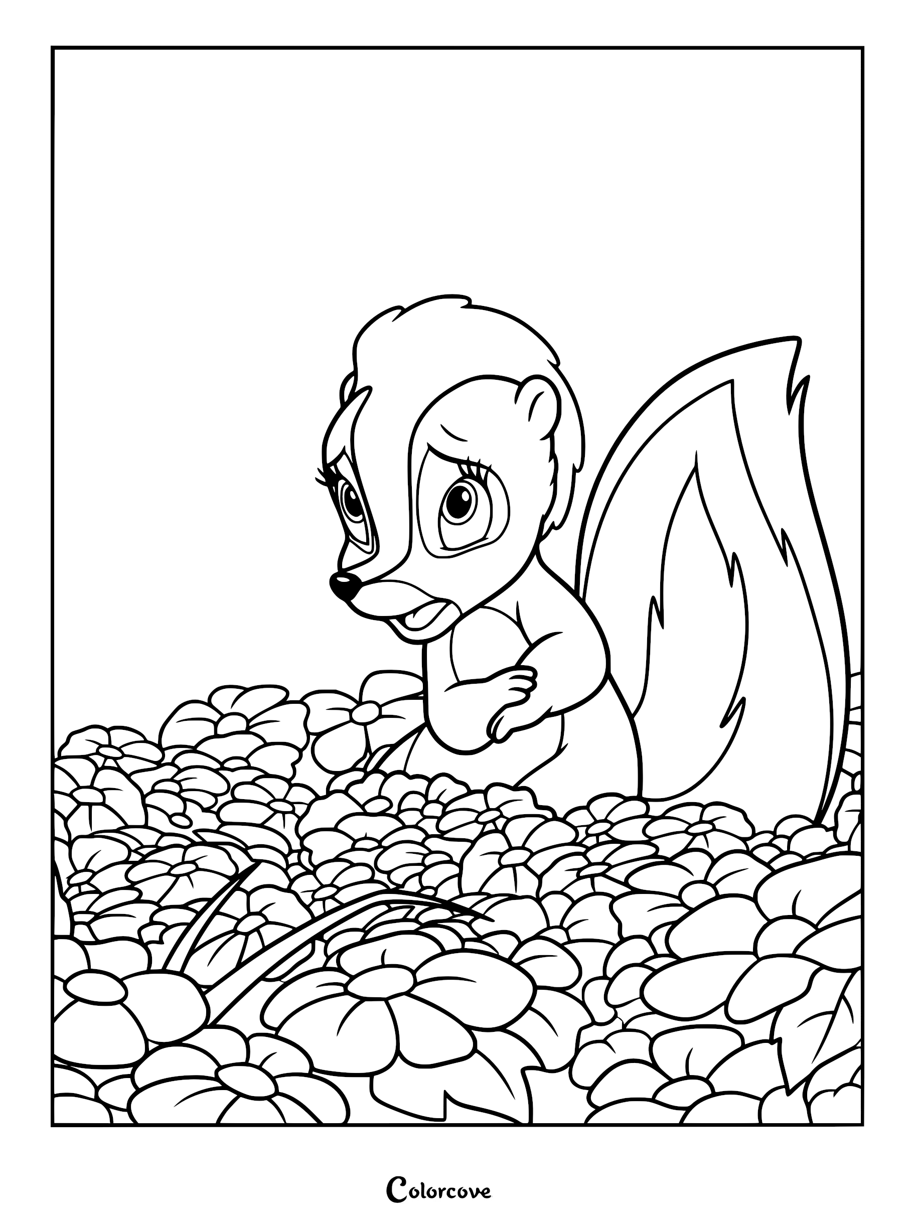 Flower the skunk sitting shyly in a field of blooming flowers, printable coloring page.