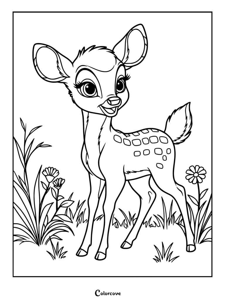 Bambi standing in a grassy meadow with flowers, a printable coloring page featuring the young fawn.