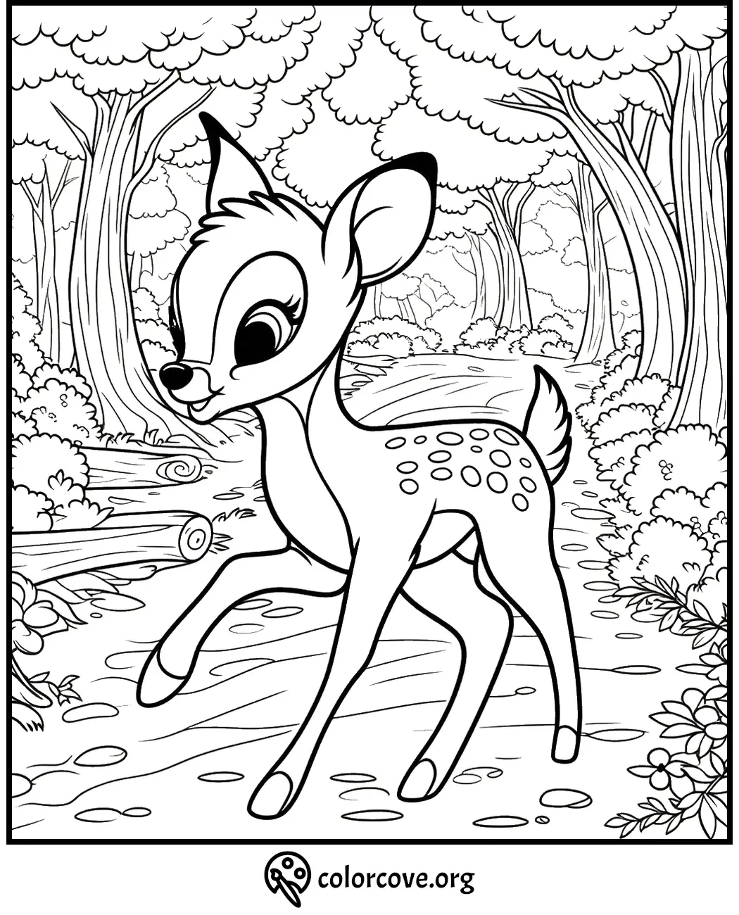 Coloring page featuring a cute baby deer walking through a forest path, surrounded by trees and foliage.