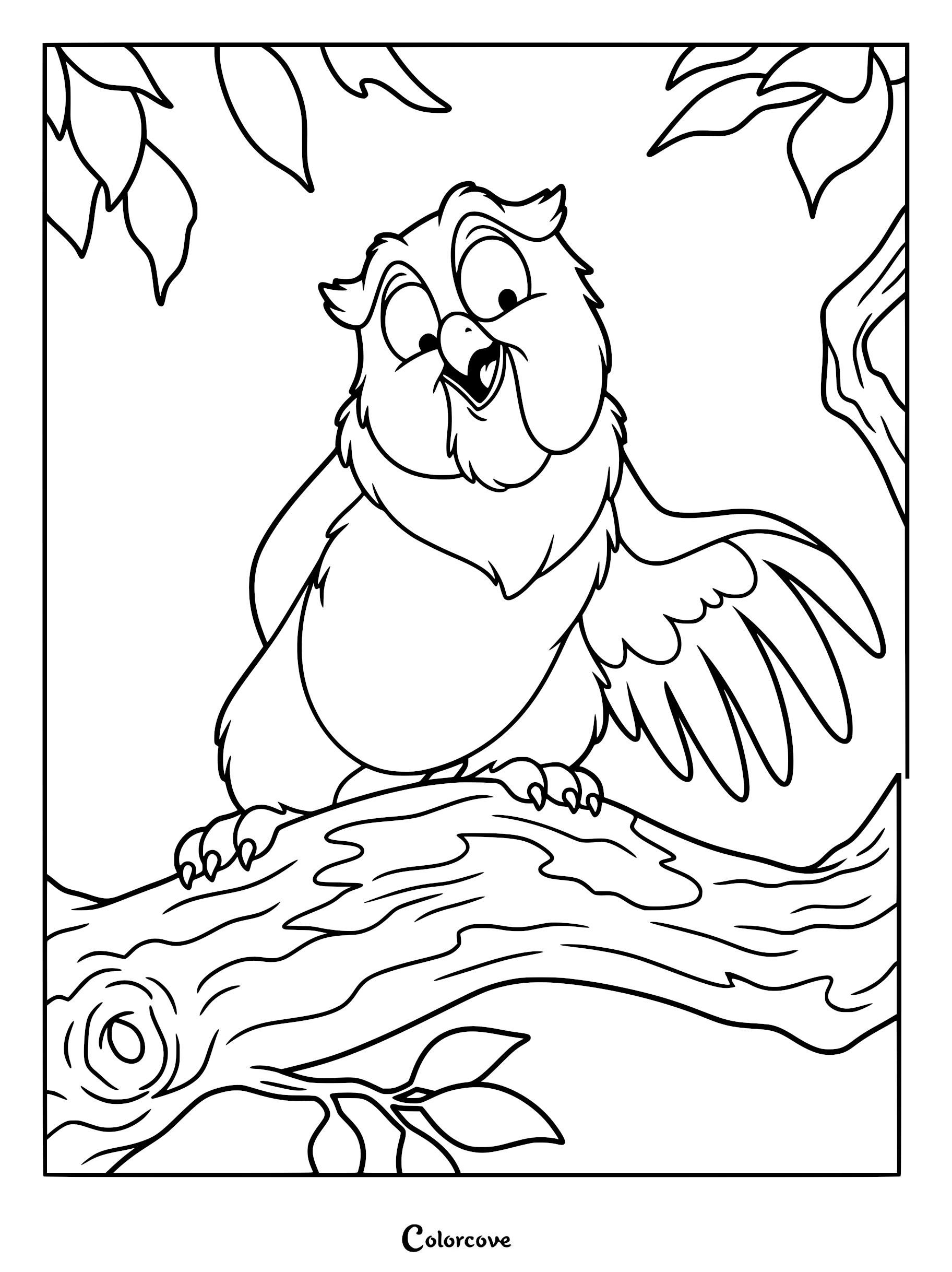 Friend Owl perched on a tree branch in this printable coloring page