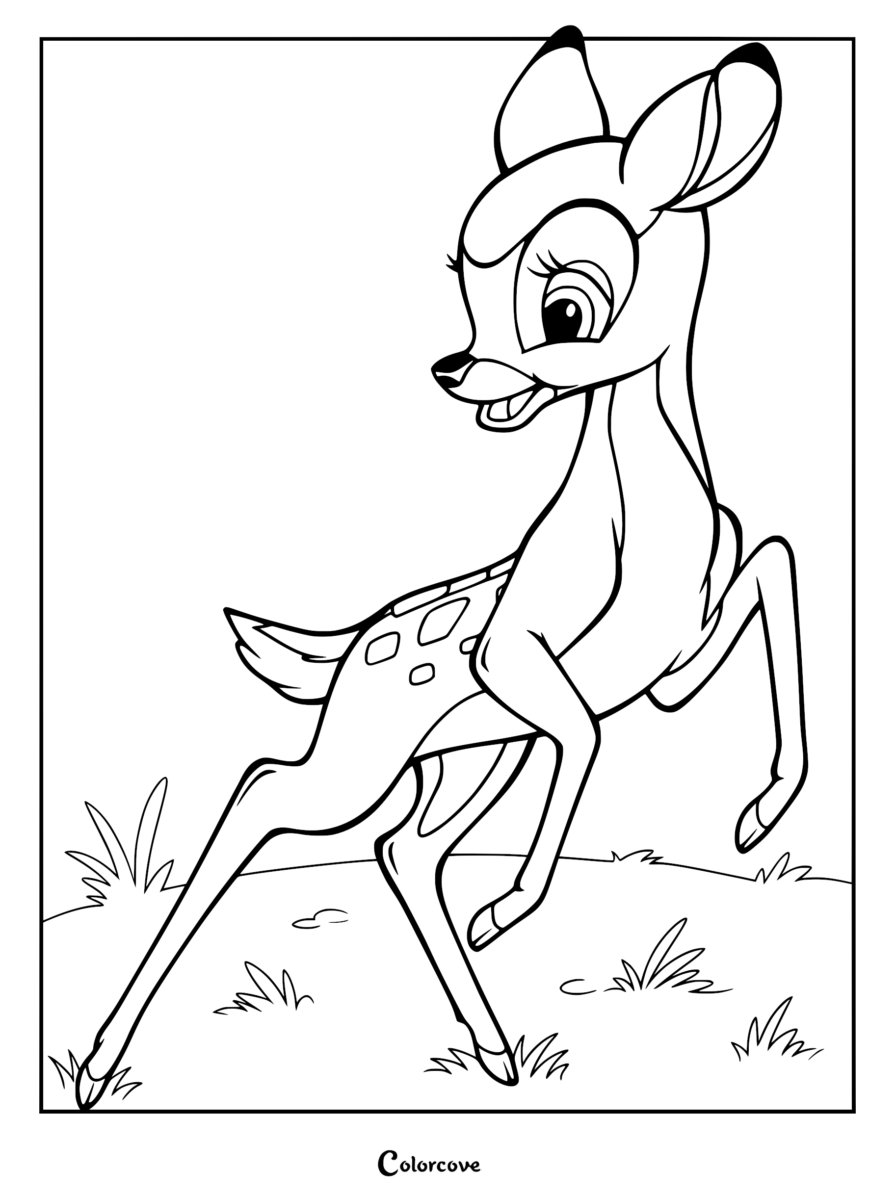 Bambi running through a grassy field in this printable coloring page