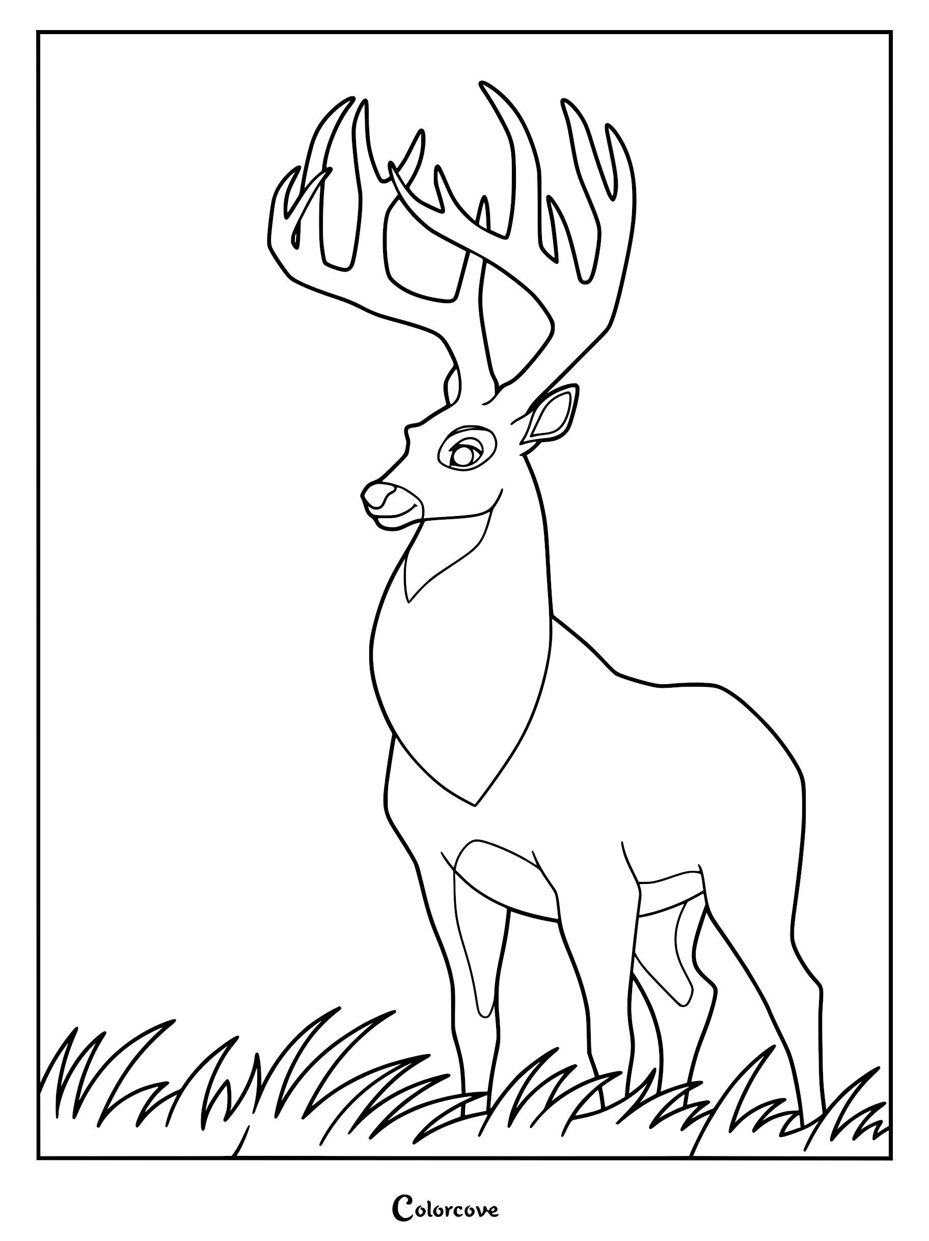 The Great Prince of the Forest standing tall with large antlers in a grassy meadow, printable coloring page.