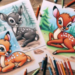 Deer coloring pages with colored pencils, featuring cute fawns in forest scenes, lie on a wooden desk.