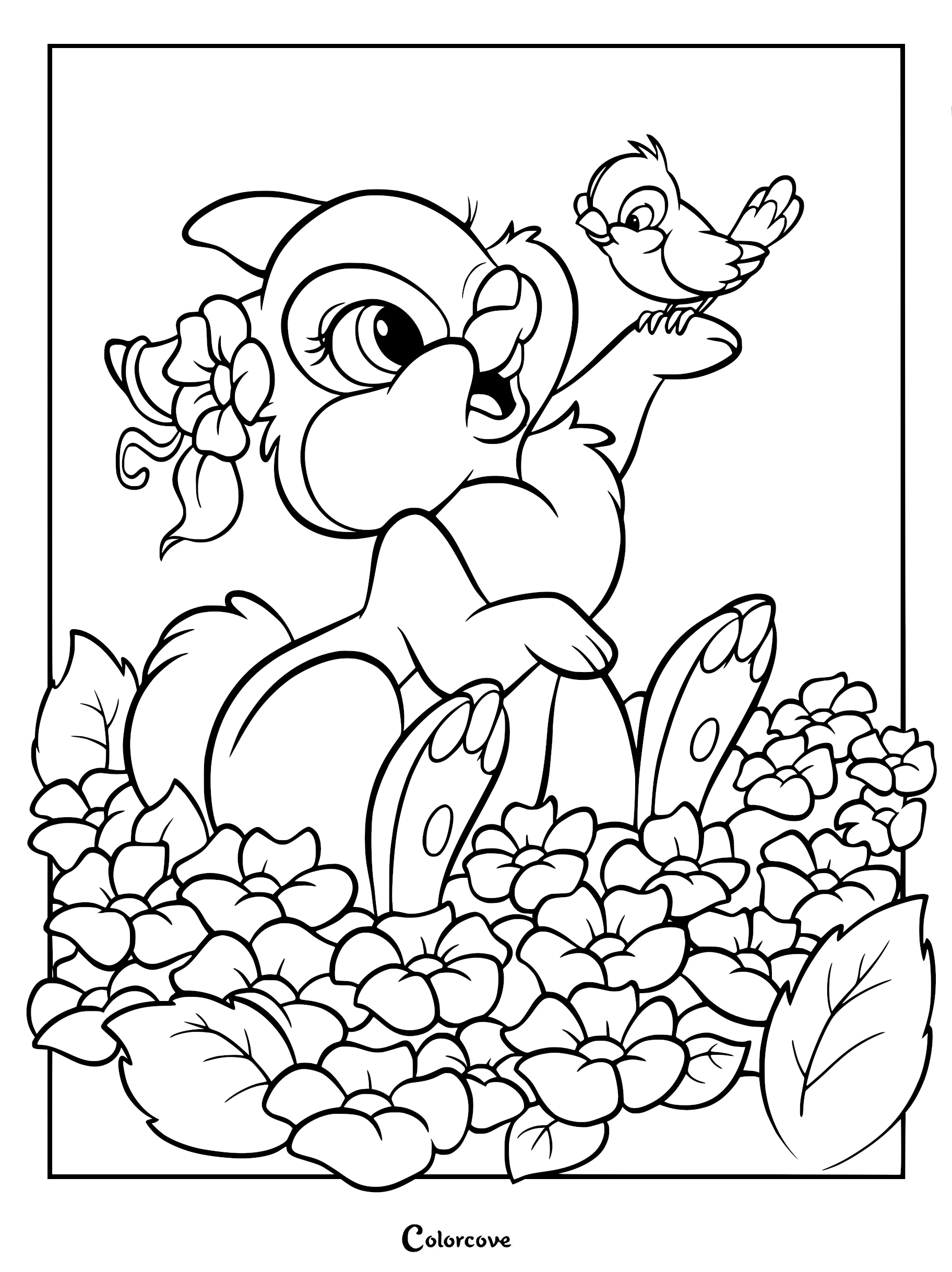 Thumper sitting in a field of flowers with a small bird perched on his paw in this printable coloring page.