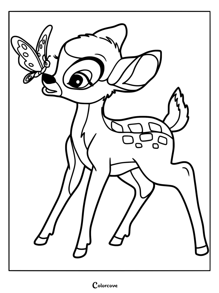 Bambi looking at a butterfly on his nose in this printable coloring page.