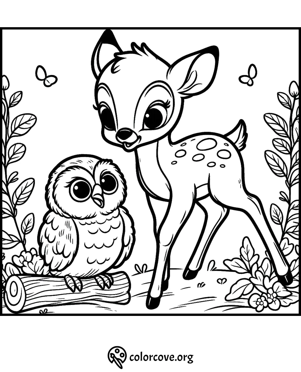 Cute animal coloring page featuring a friendly deer and an owl in a forest setting, perfect for kids to color.