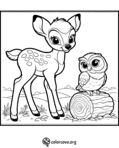 Coloring page of a cute fawn standing next to an owl perched on a log, set in a scenic nature background.