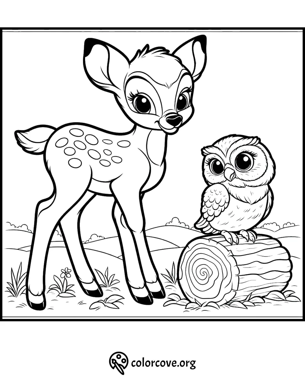 Coloring page of a cute fawn standing next to an owl perched on a log, set in a scenic nature background.