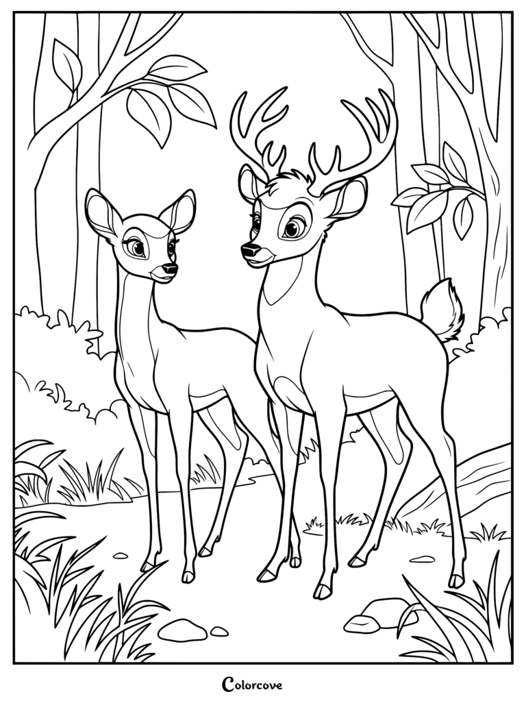 Bambi and Faline standing together in a forest setting, a printable coloring page featuring the two deer characters.