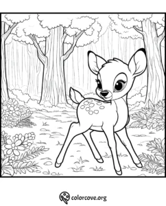 Cute fawn in a forest coloring page with trees, flowers, and bushes - perfect for children’s activity.