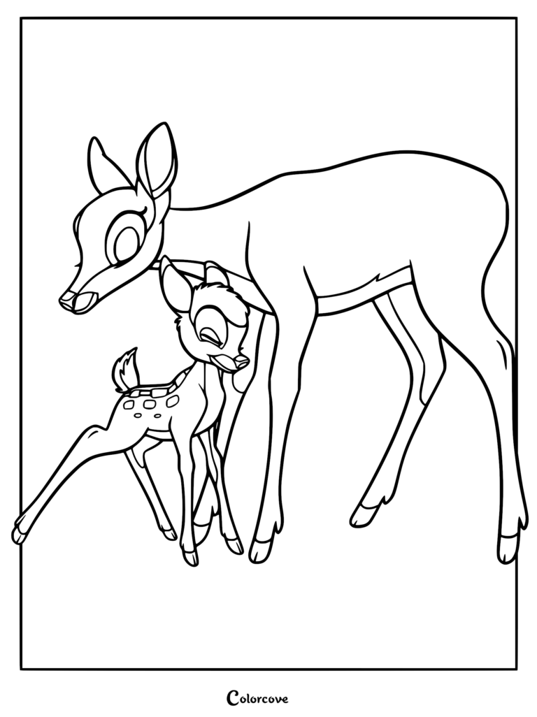 Bambi standing close to his mother in this printable coloring page featuring the two characters together.