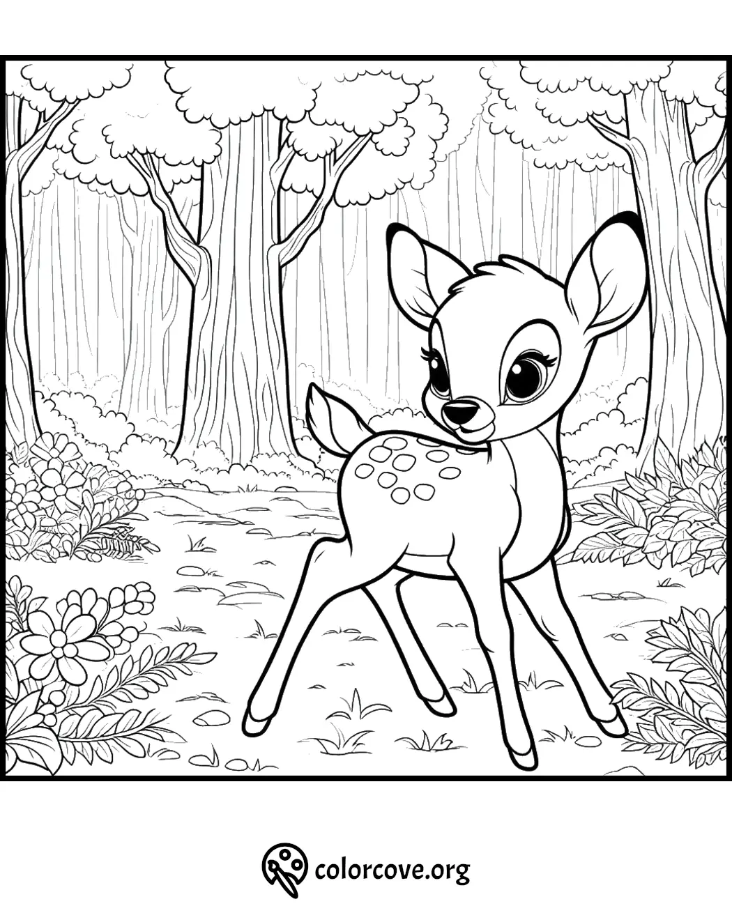 Cute fawn in a forest coloring page with trees, flowers, and bushes - perfect for children’s activity.