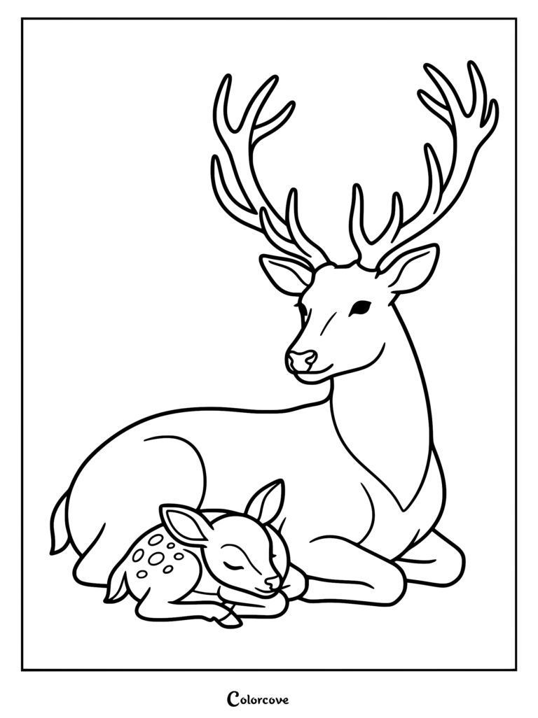 Bambi sleeping peacefully beside The Great Prince of the Forest in a printable coloring page.