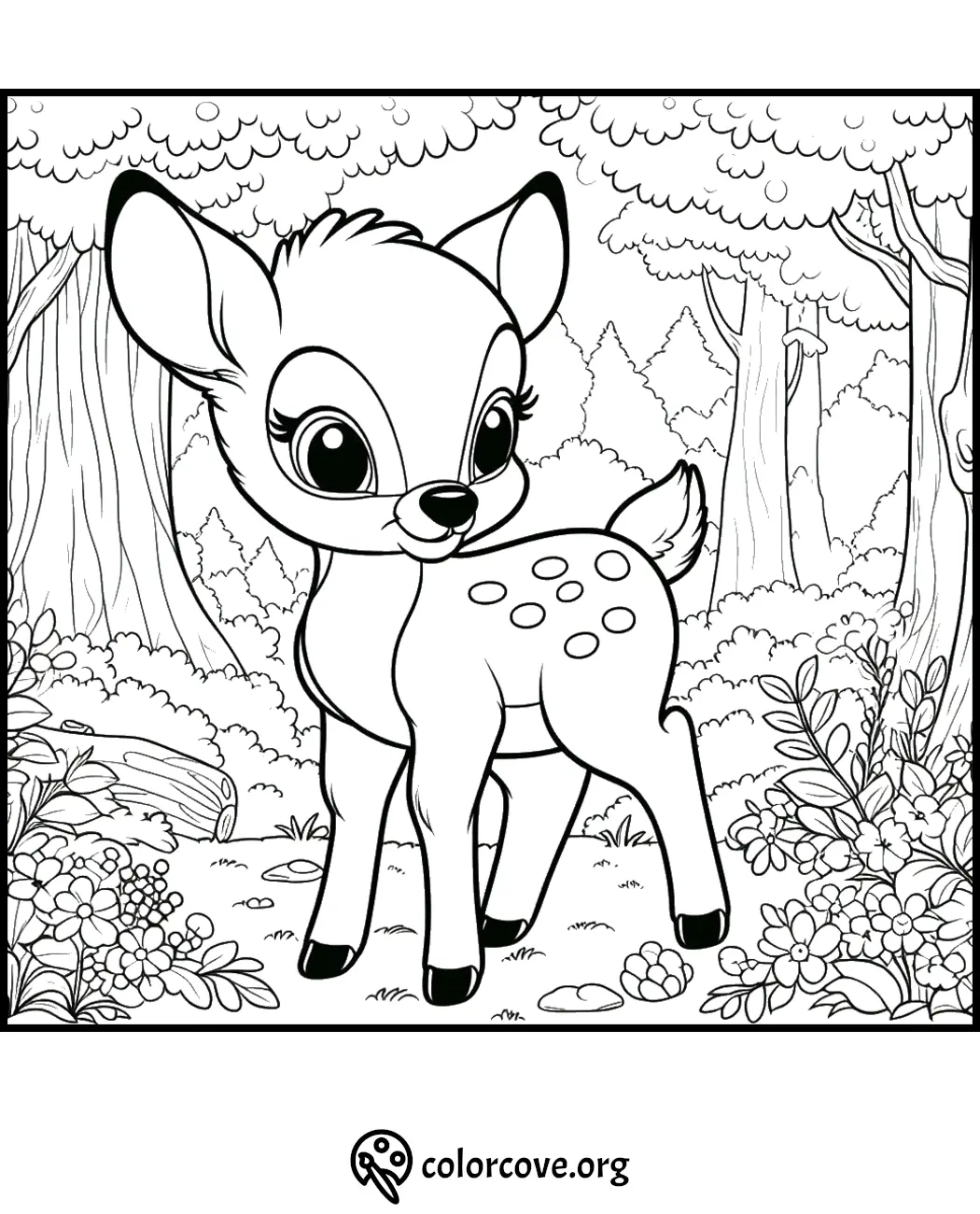 Coloring page of an adorable baby deer in a forest setting, perfect for kids' coloring activities.