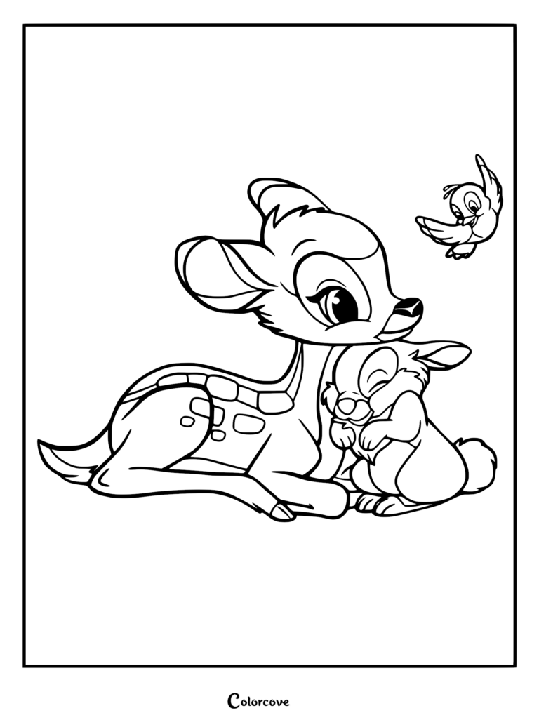 Bambi and Thumper cuddling together with a small bird flying nearby in this printable coloring page.