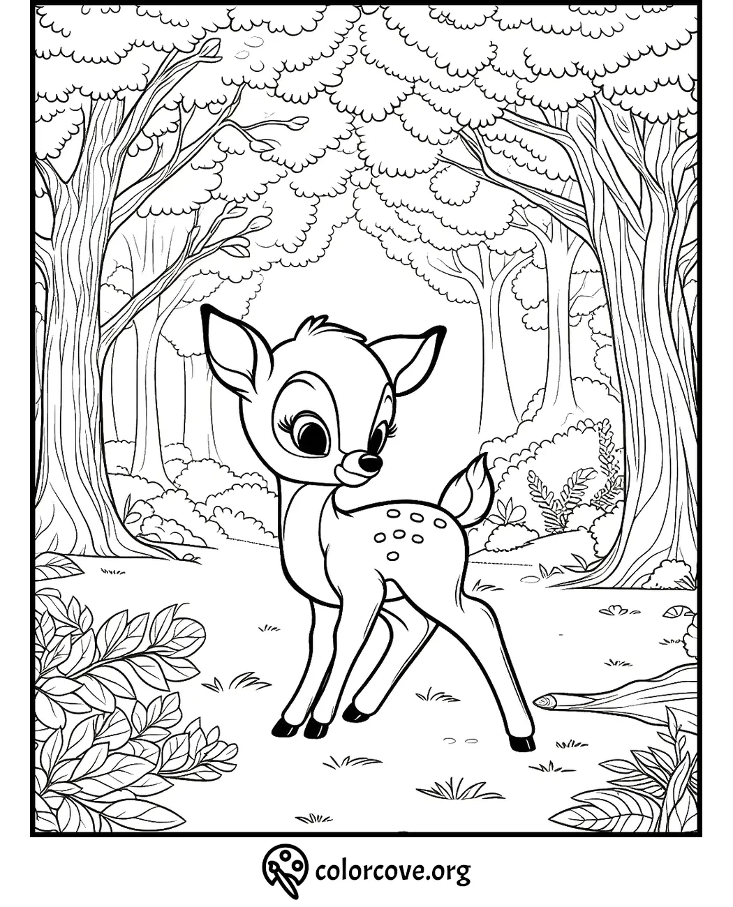 Cute baby deer coloring page in a forest setting for kids. Fun and educational animal coloring activity.