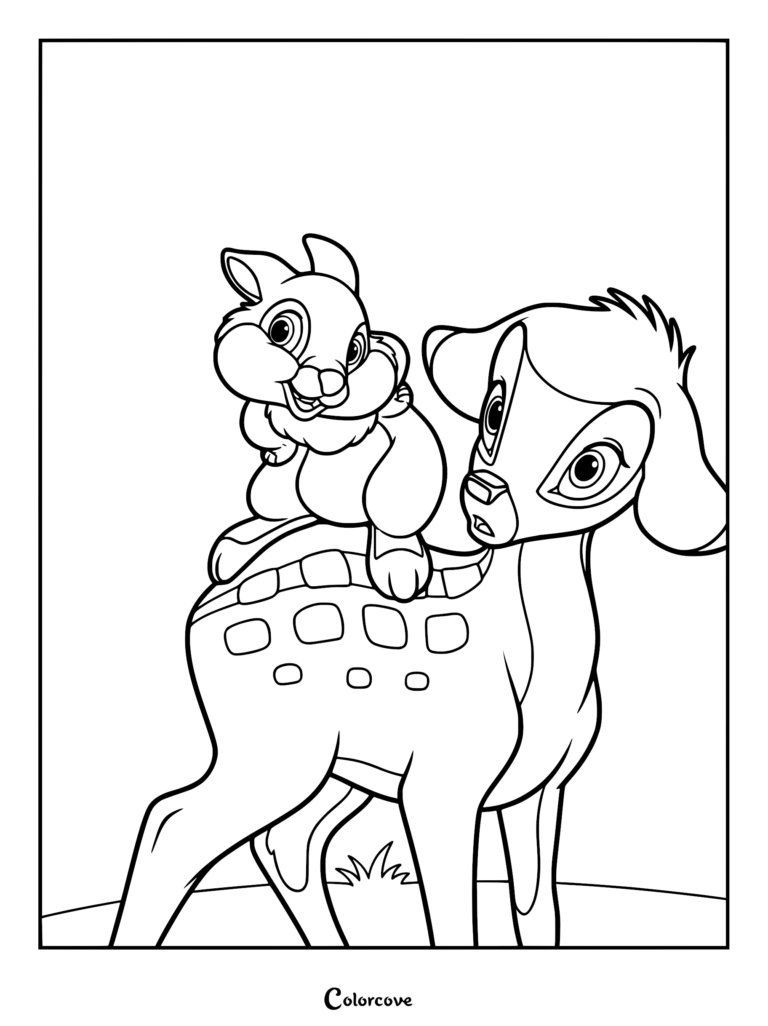 Bambi and Thumper sitting together in a cute line art coloring page illustration.
