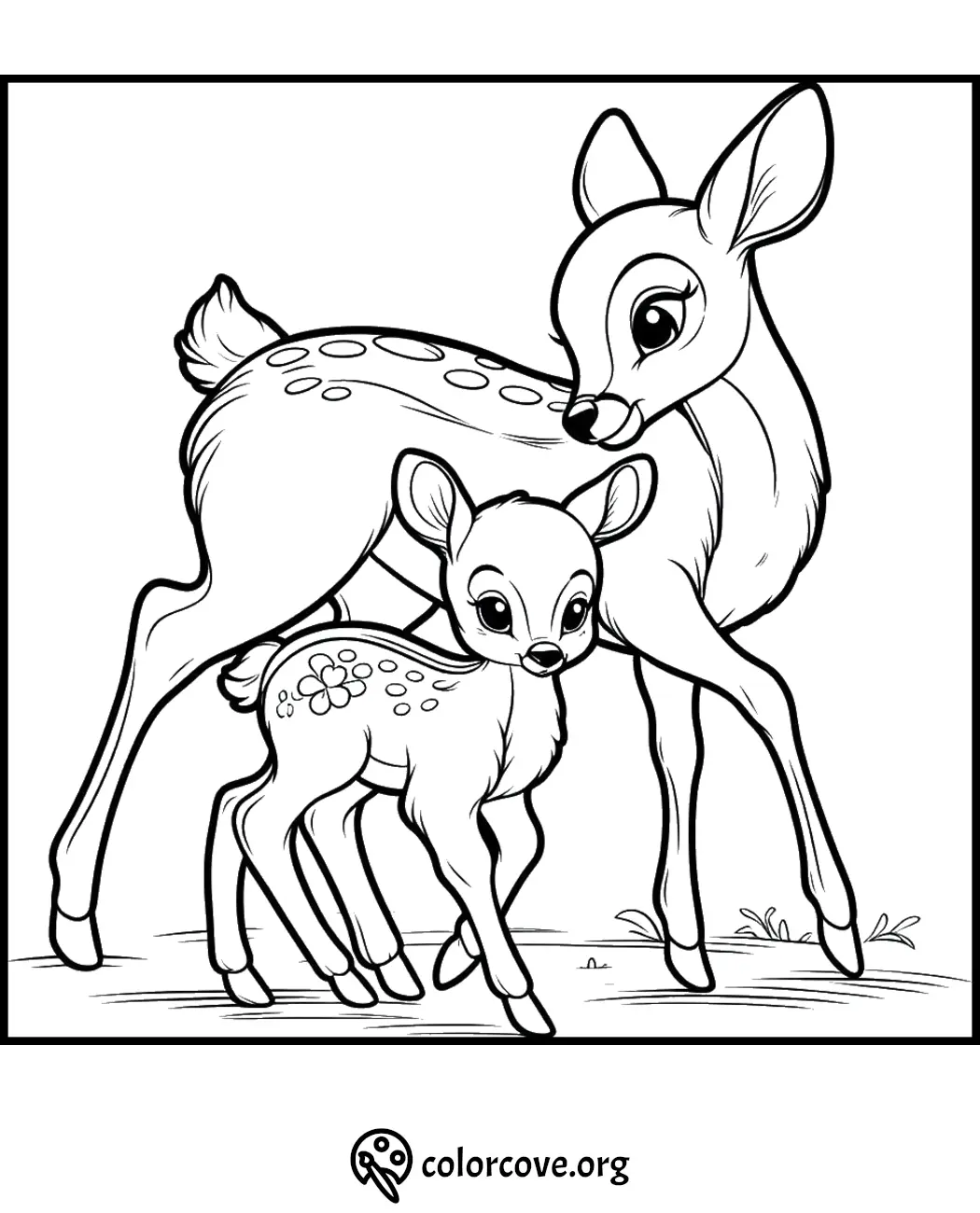 Fawn and doe in a forest coloring page for kids. Printable deer wildlife illustration. Kids nature drawing activity.