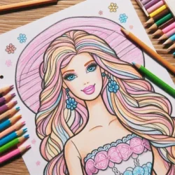 Coloring page featuring a woman with long hair and a hat, surrounded by colored pencils. Flowers adorn her hair and dress.