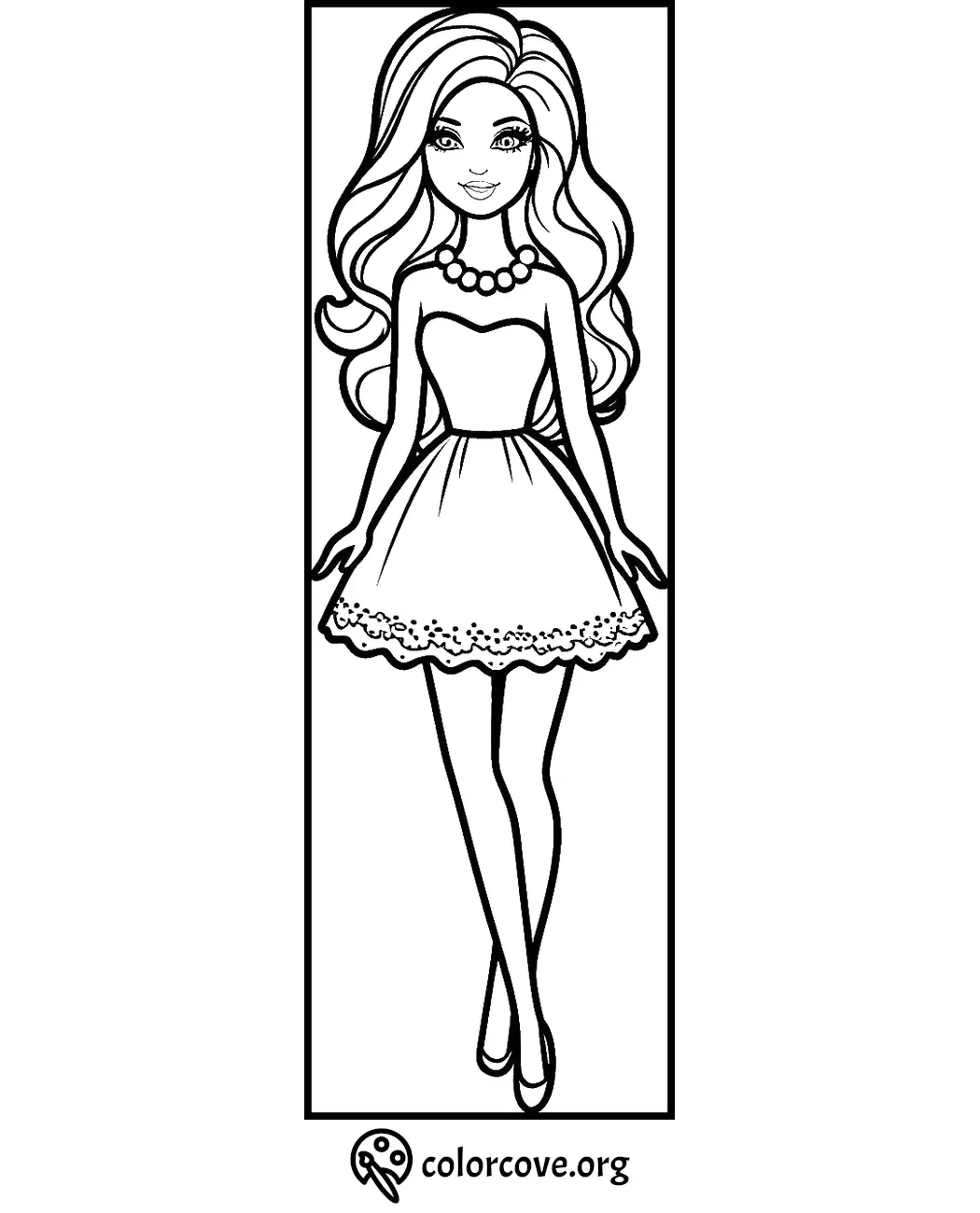 Coloring page of a girl with long hair in a dress and necklace, from ColorCove.org, ready for kids to color.