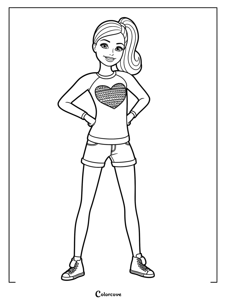Stacie Roberts from Barbie Life in the Dreamhouse wearing a long-sleeved shirt with a rainbow heart graphic, printable coloring page.