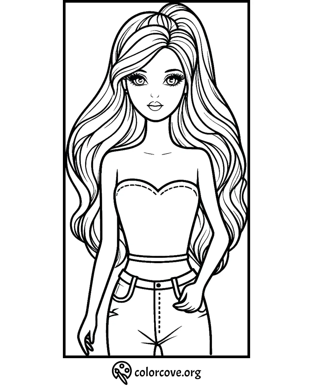 Girl with long hair in strapless top and jeans coloring page, perfect for kids and adults. Download at colorcove.org.