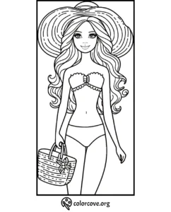 Beach girl coloring page with a sun hat and bikini, holding a summer bag. Perfect for kids' printable coloring activity.