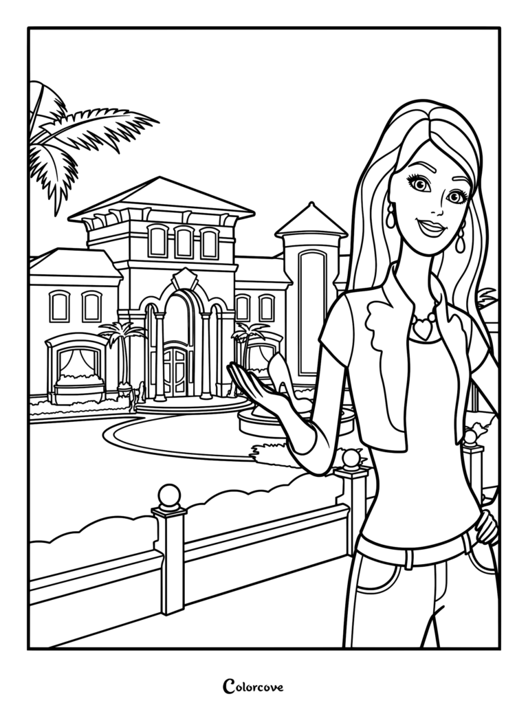 Barbie standing in front of the iconic Barbie Life in the Dreamhouse with its massive structure and circular driveway in this printable coloring page.