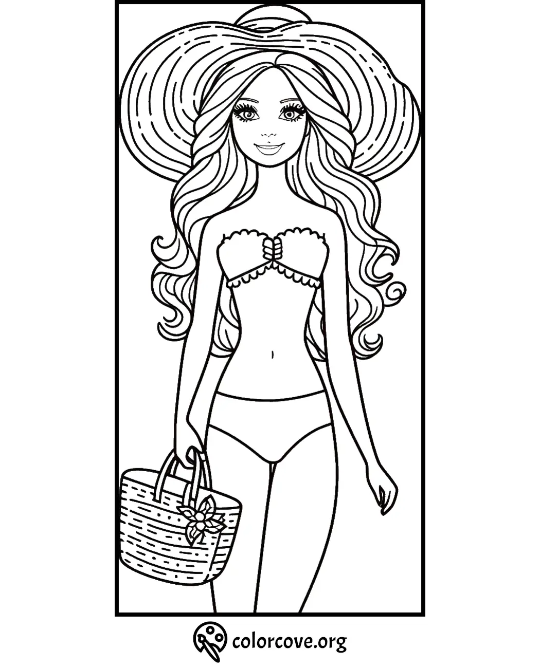 Beach girl coloring page with a sun hat and bikini, holding a summer bag. Perfect for kids' printable coloring activity.