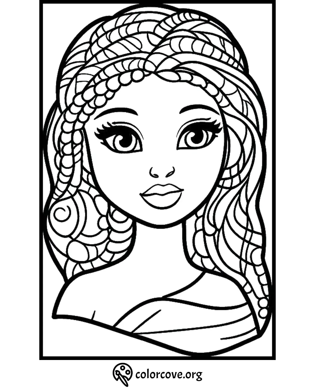 Intricate coloring page for kids featuring a beautiful girl with wavy hair and large eyes | ColorCove.org coloring sheet