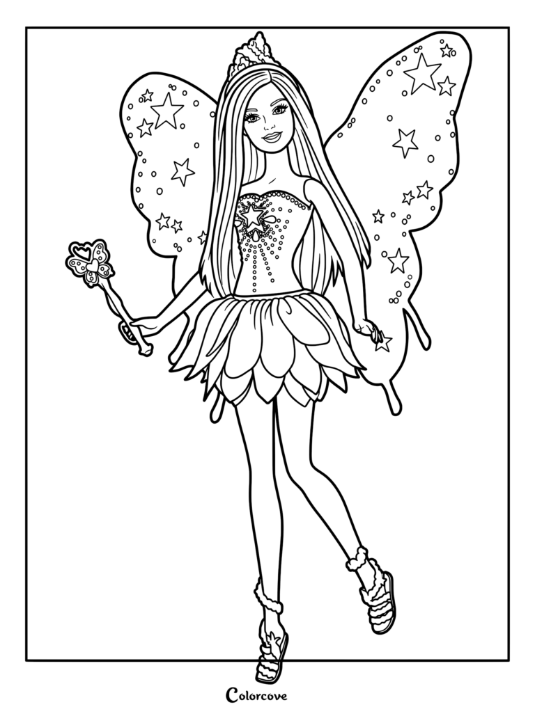 Printable coloring page of 2011 Barbie Fairytale Magic Fairy Teresa wearing a shimmering pink bodice and purple petal skirt with star-patterned wings.