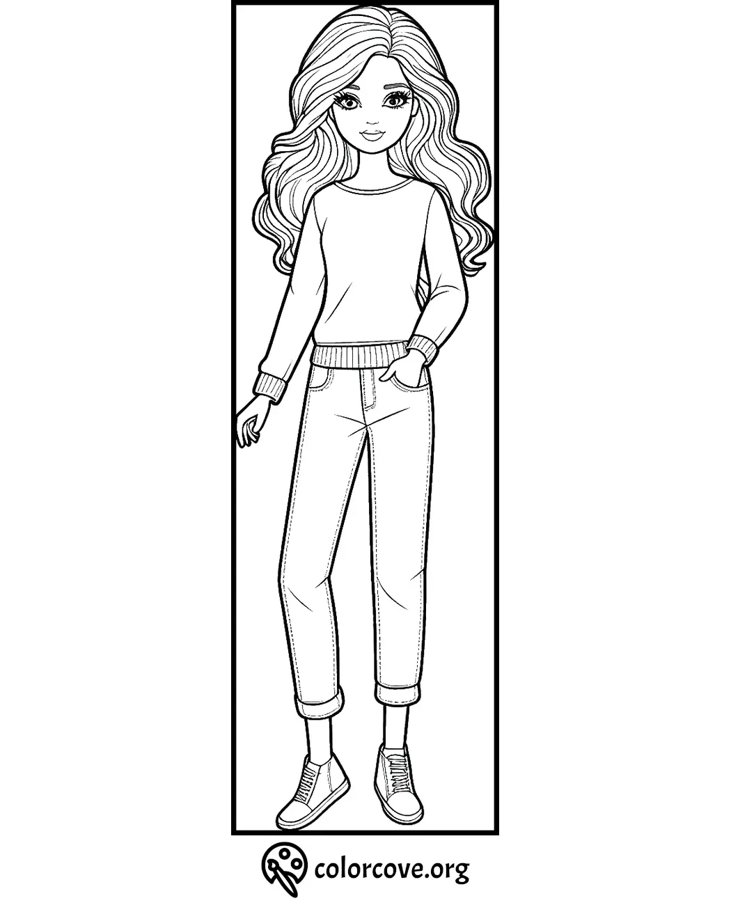 Young girl coloring page in casual outfit, featuring a sweater, rolled-up jeans, and sneakers. Perfect for kids' coloring fun.