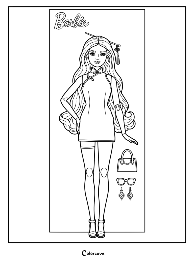 Barbie Deluxe Style doll with long pastel pink hair wearing a white high-neck mini dress in a printable coloring page.