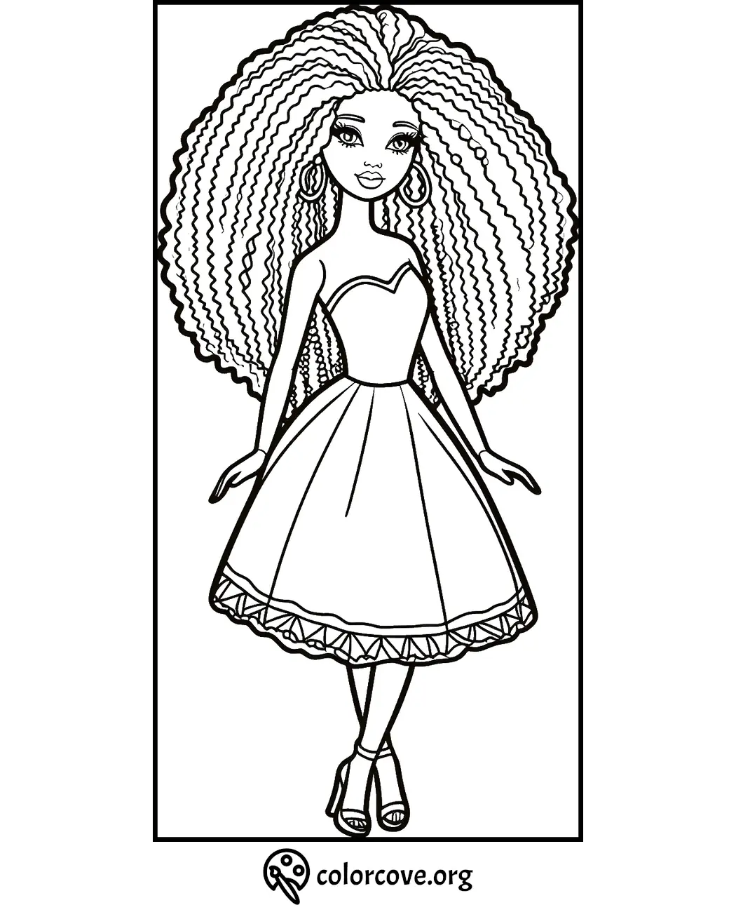 Coloring page featuring a stylish girl with curly hair in a dress and heels. Free printable at colorcove.org.