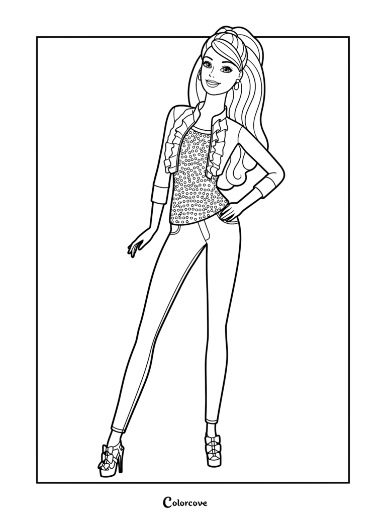 Barbie Roberts from Life in the Dreamhouse wearing a glittery top and pink ruffled jacket in this printable coloring page.