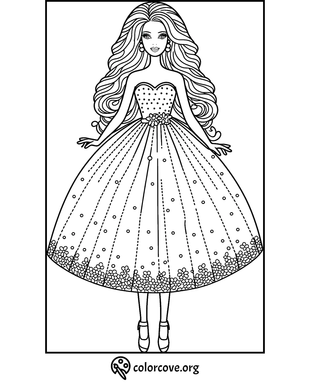 Coloring page of a girl in a detailed ball gown dress and long hair. Printable for kids' coloring activities.