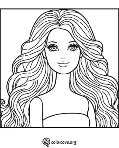 Coloring page of a woman with flowing hair and a strapless top, perfect for kids and adults to color.