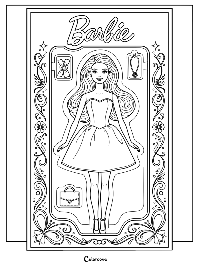 Barbie Birthday Wishes Doll in a pink glittery party dress with accessories in a coloring page format.