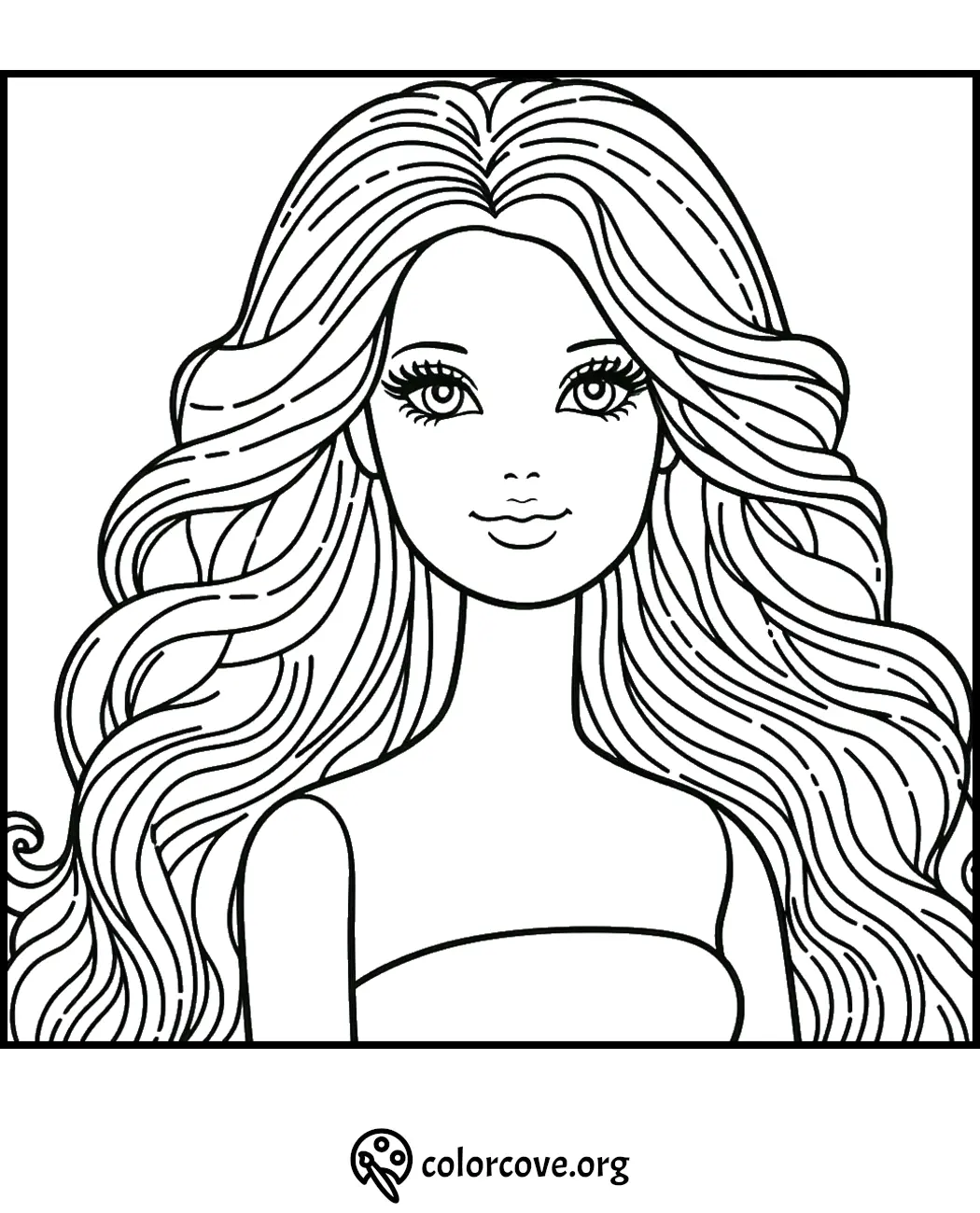 Coloring page of a woman with flowing hair and a strapless top, perfect for kids and adults to color.