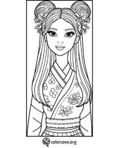 Girl in traditional Japanese kimono coloring page with floral patterns, long hair, and hair buns decorated with flowers.