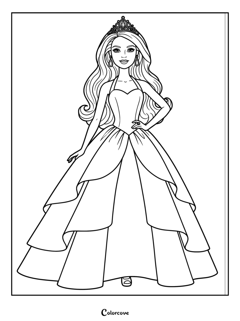 A printable coloring page of a Mattel Barbie Collector's Edition doll wearing a tiered blue gown and a matching tiara.